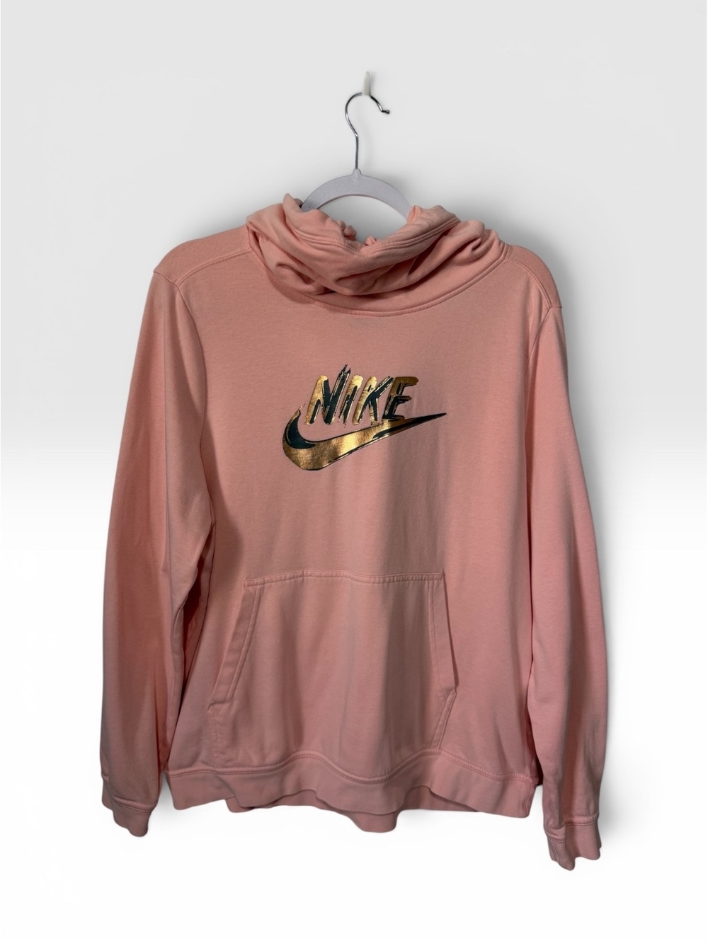 Nike Pink Sporty Activewear Hoodie with Cowl Neck Gold Logo, Size XL